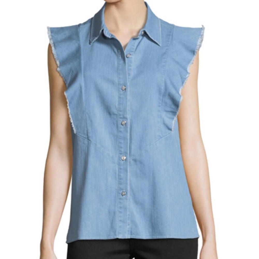 7 for All Mankind Sleeveless Raw Edge Ruffle Button Down Collared Top Shirt S